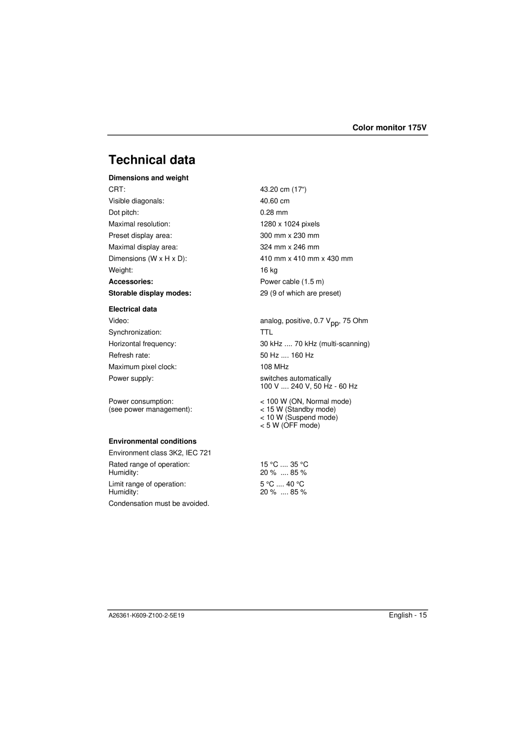 Siemens 175V manual Technical data, Dimensions and weight, Accessories Storable display modes Electrical data 