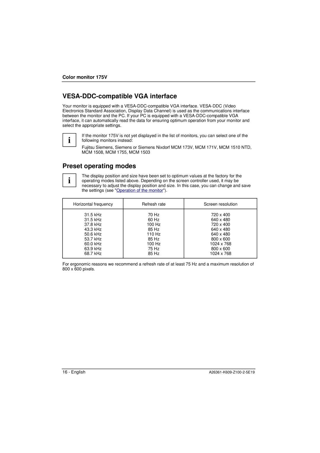 Siemens 175V manual VESA-DDC-compatible VGA interface, Preset operating modes 