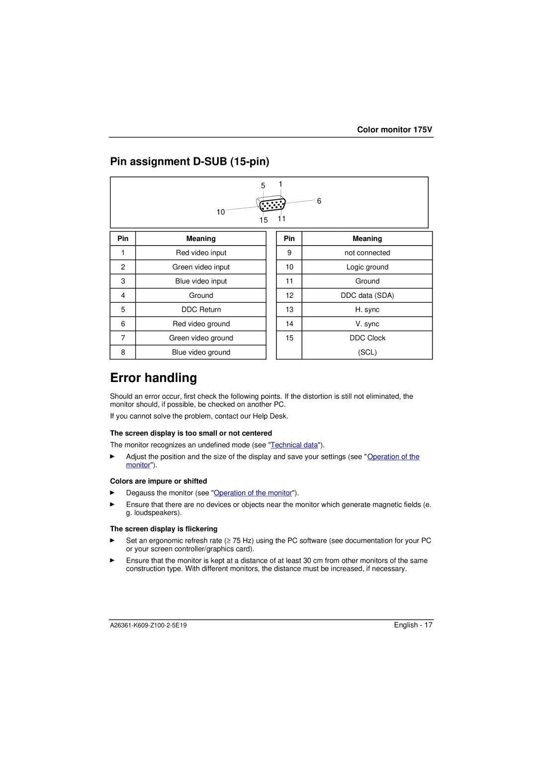 Siemens 175V manual Error handling, Pin assignment D-SUB 15-pin 