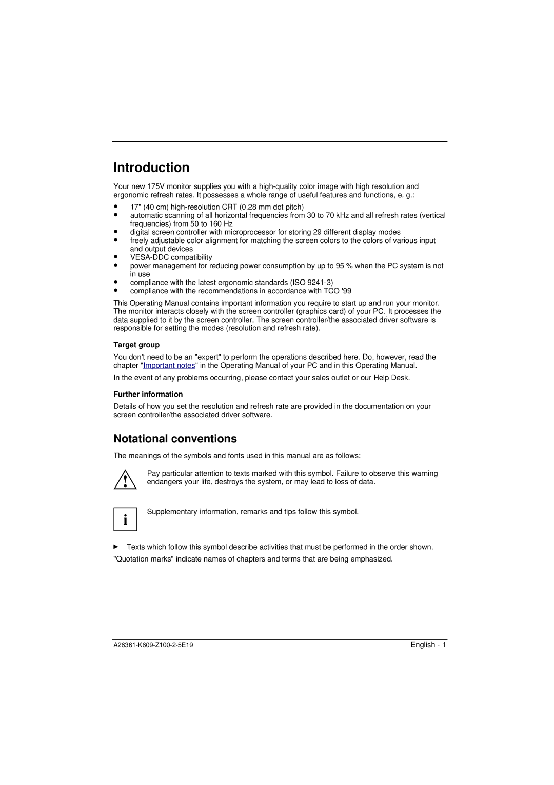 Siemens 175V manual Introduction, Notational conventions, Target group, Further information 