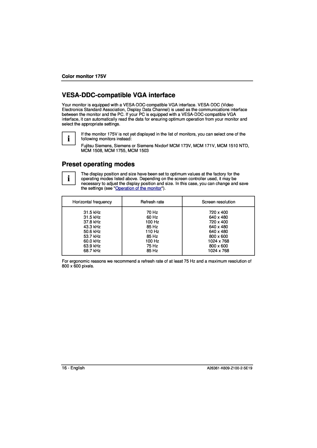 Siemens 175V manual VESA-DDC-compatible VGA interface, Preset operating modes, Color monitor 