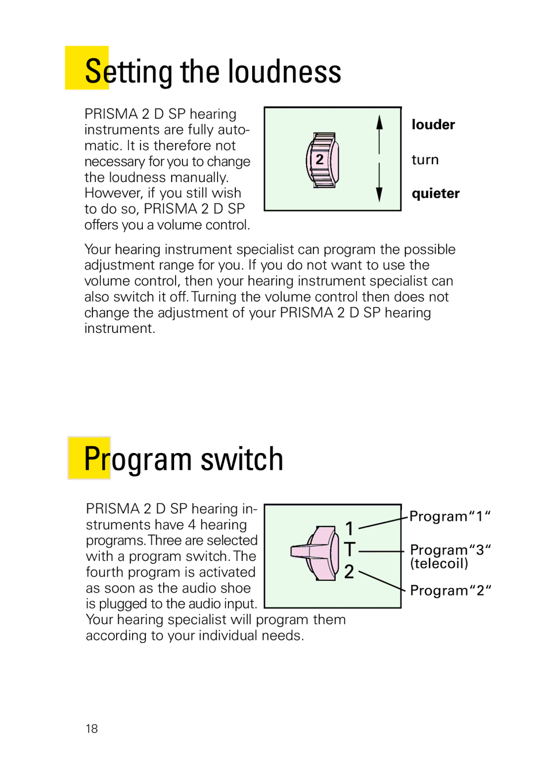 Siemens 2 D SP, 2 P manual Setting the loudness, Program switch, Louder, Quieter 