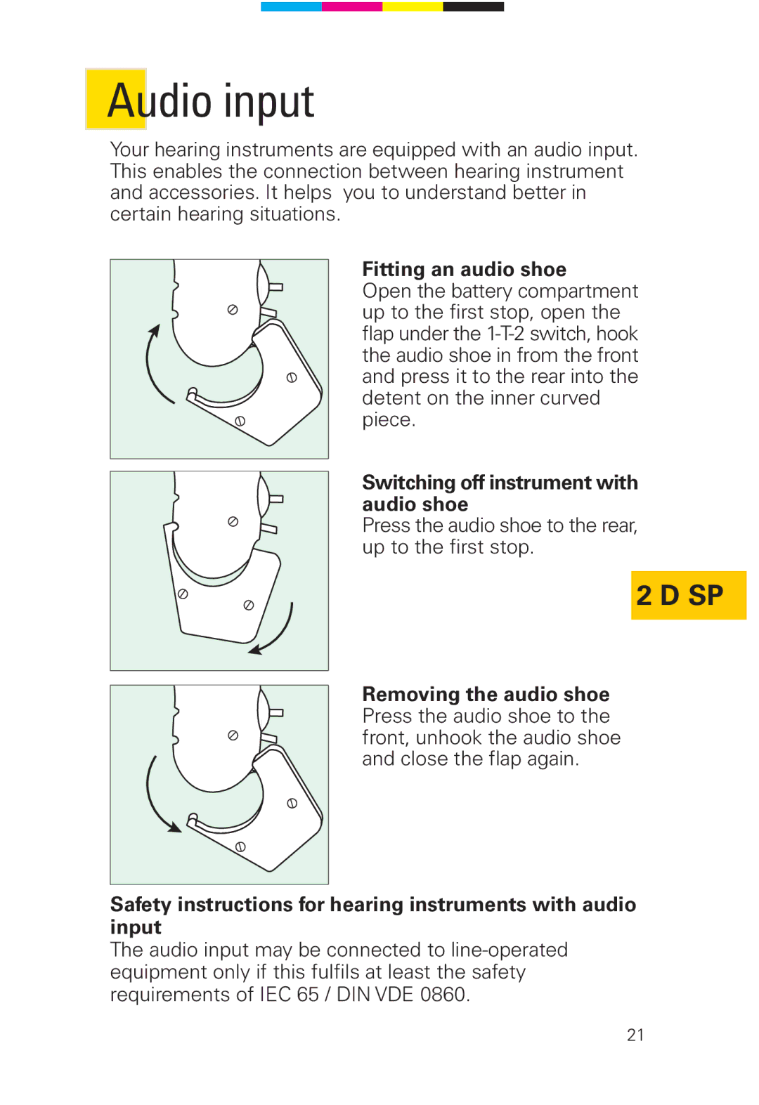 Siemens 2 D SP, 2 P manual Fitting an audio shoe, Switching off instrument with audio shoe 