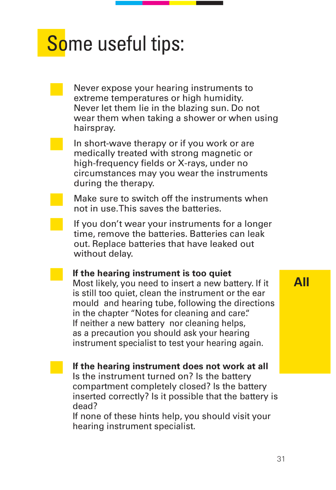 Siemens 2 D SP Some useful tips, If the hearing instrument is too quiet, If the hearing instrument does not work at all 