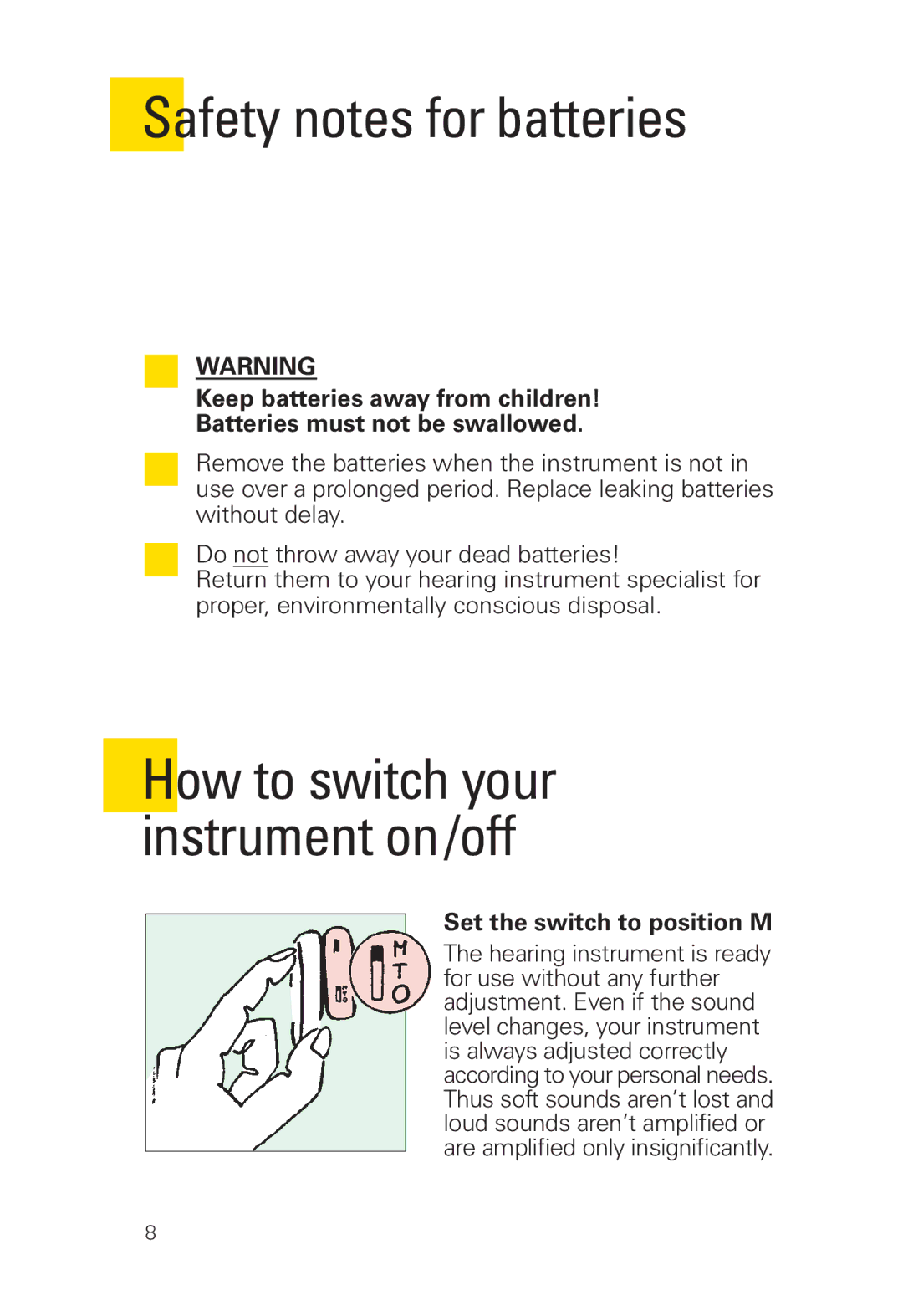 Siemens 2 P, 2 D SP manual Safety notes for batteries, Set the switch to position M 