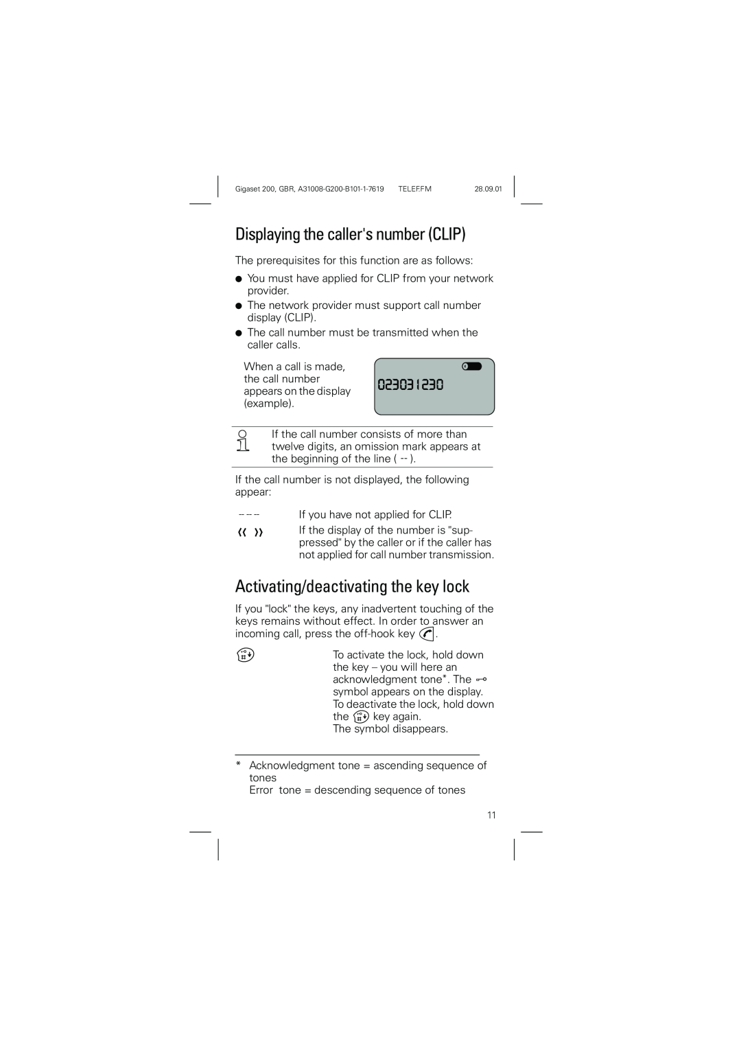 Siemens 200 manual Displaying the callers number CLIP, Activating/deactivating the key lock 