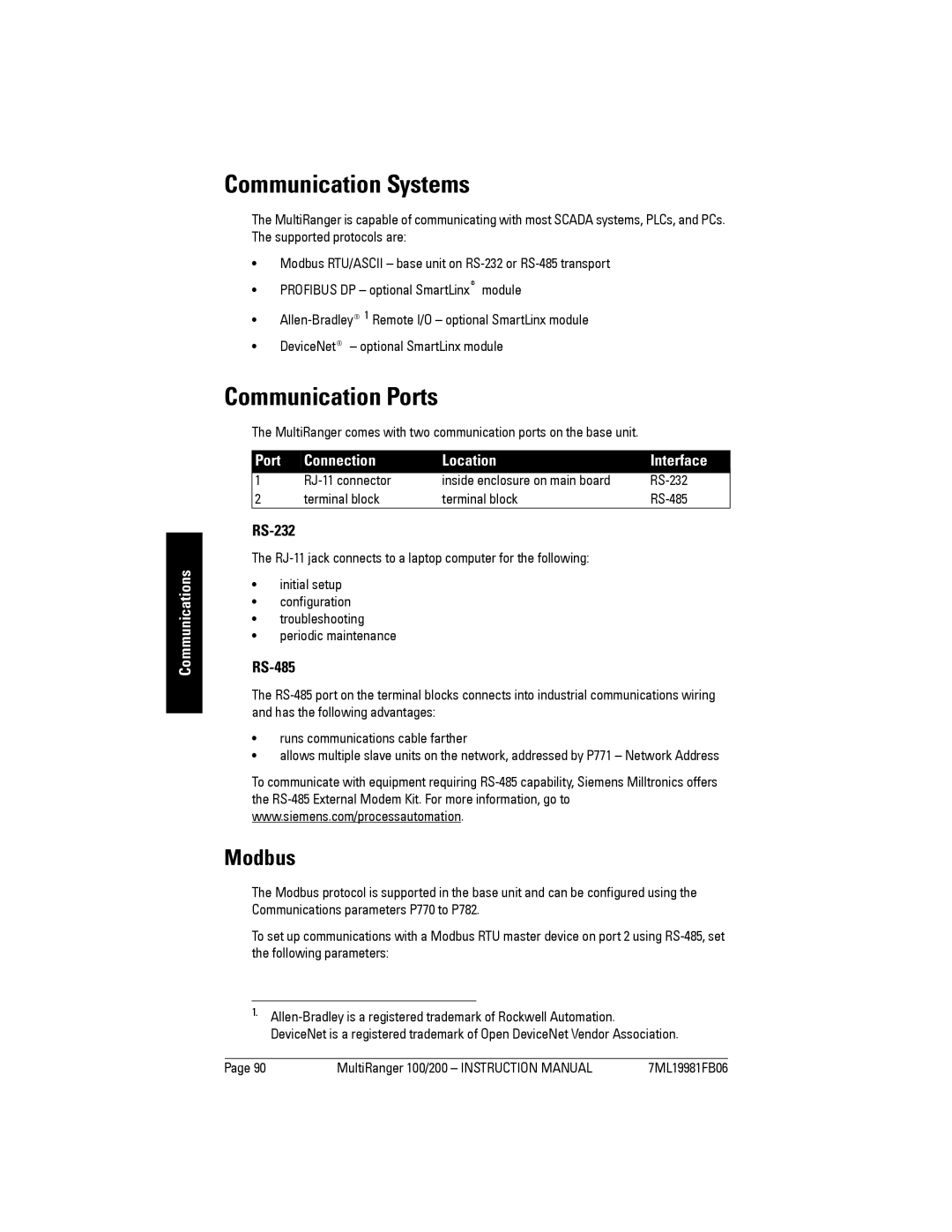 Siemens 200 instruction manual Communication Systems, Communication Ports, Modbus, Port Connection Location Interface 