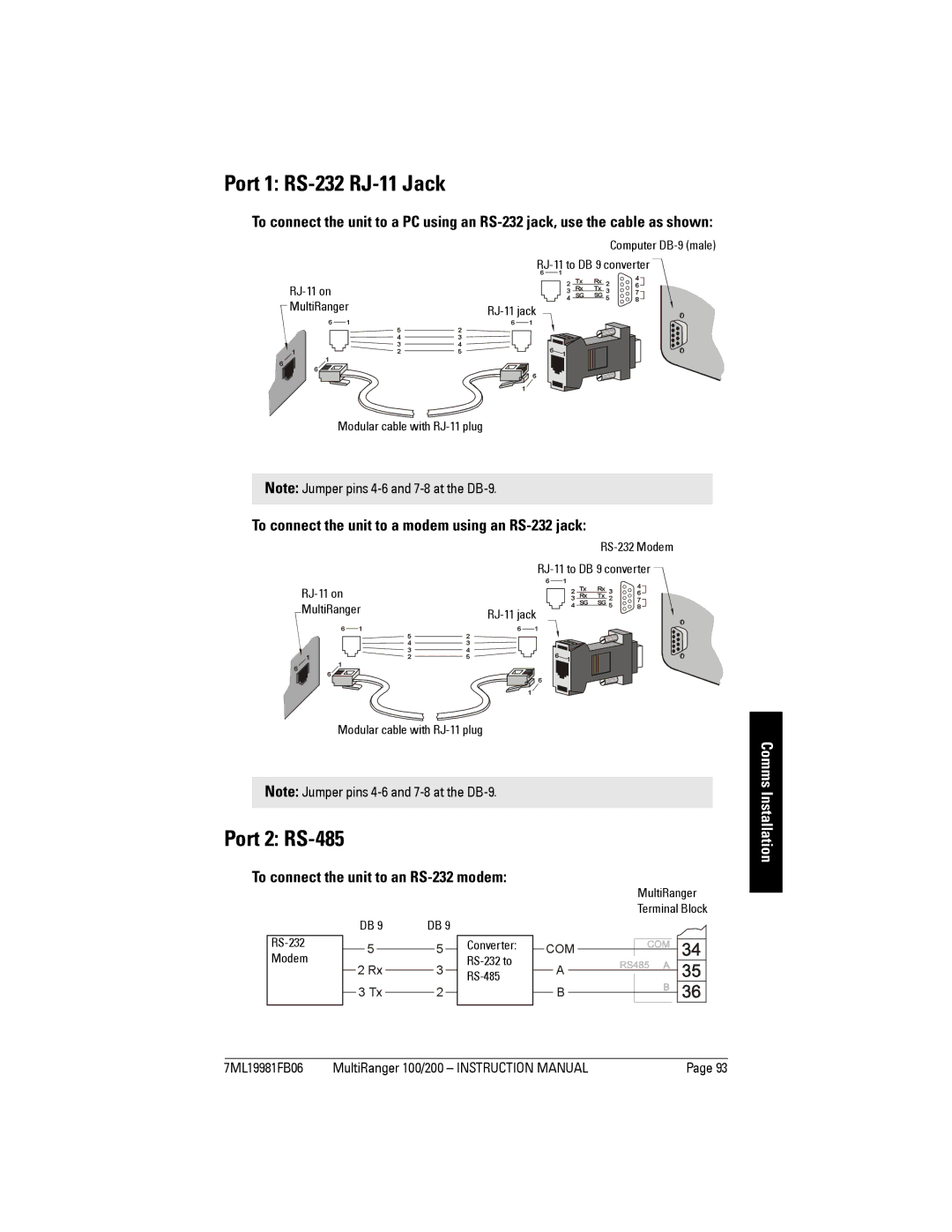 Siemens 200 instruction manual Port 1 RS-232 RJ-11 Jack, Port 2 RS-485, To connect the unit to a modem using an RS-232 jack 