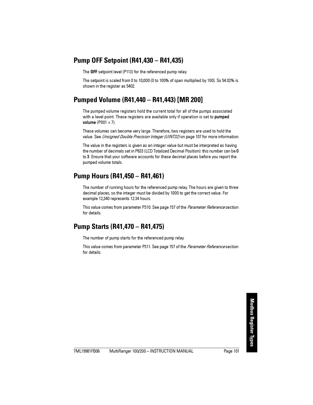 Siemens 200 Pump OFF Setpoint R41,430 R41,435, Pumped Volume R41,440 R41,443 MR, Pump Hours R41,450 R41,461 