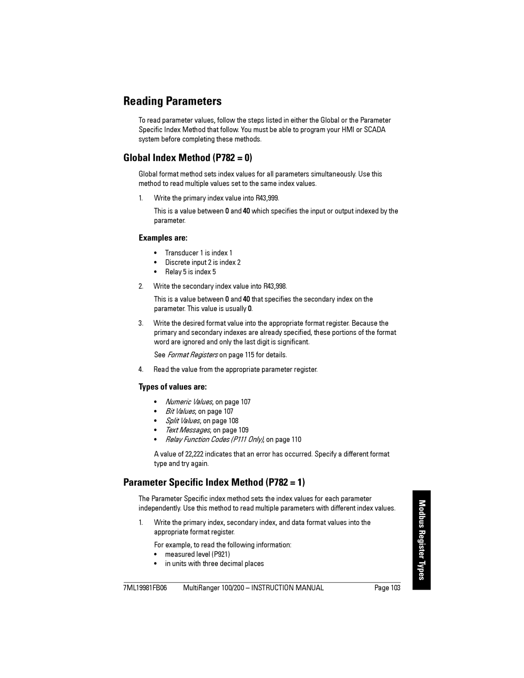 Siemens 200 Reading Parameters, Global Index Method P782 =, Parameter Specific Index Method P782 =, Examples are 