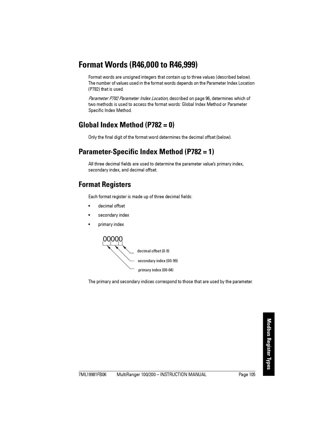 Siemens 200 Format Words R46,000 to R46,999, Global Index Method P782 =, Parameter-Specific Index Method P782 = 