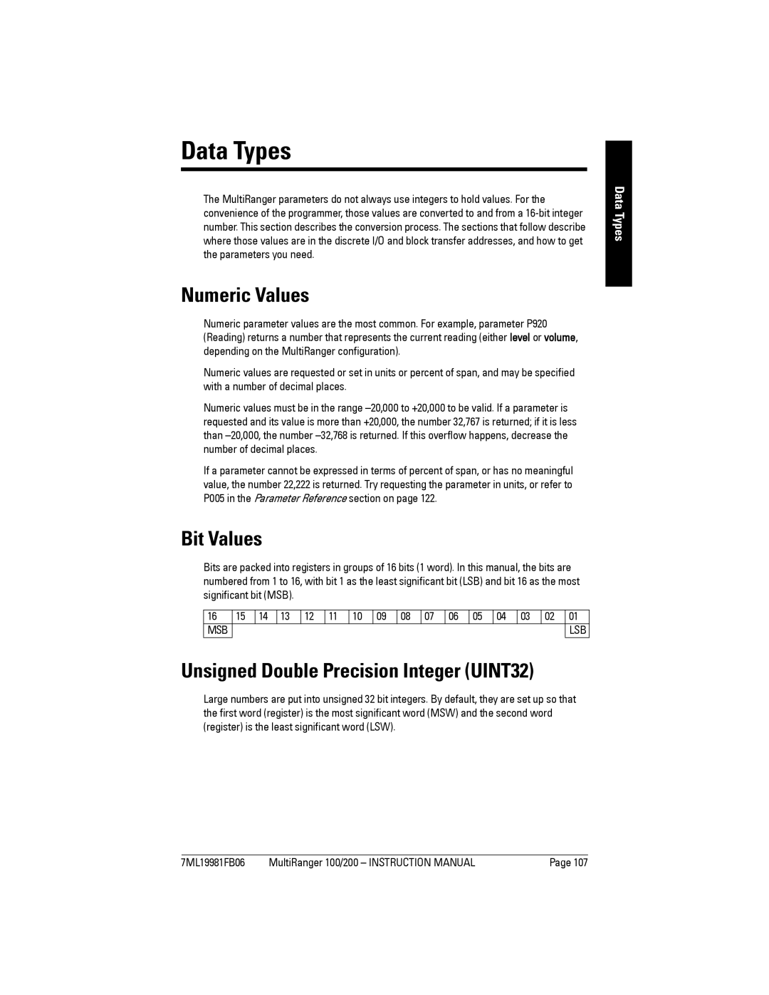 Siemens 200 instruction manual Data Types, Numeric Values, Bit Values, Unsigned Double Precision Integer UINT32 