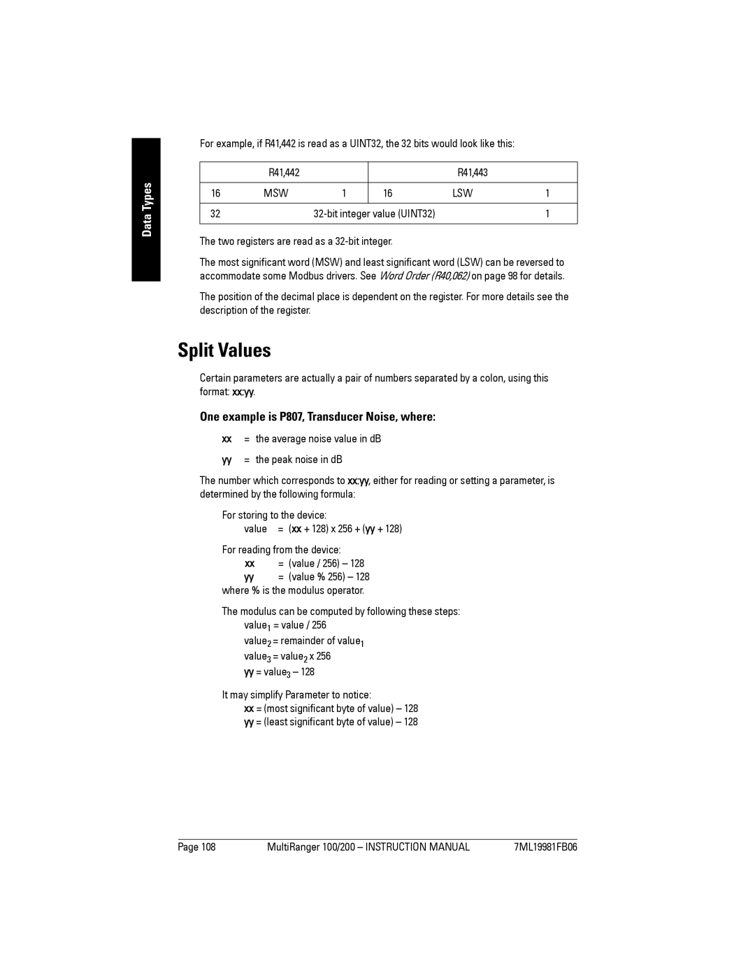 Siemens 200 Split Values, One example is P807, Transducer Noise, where, Two registers are read as a 32-bit integer 