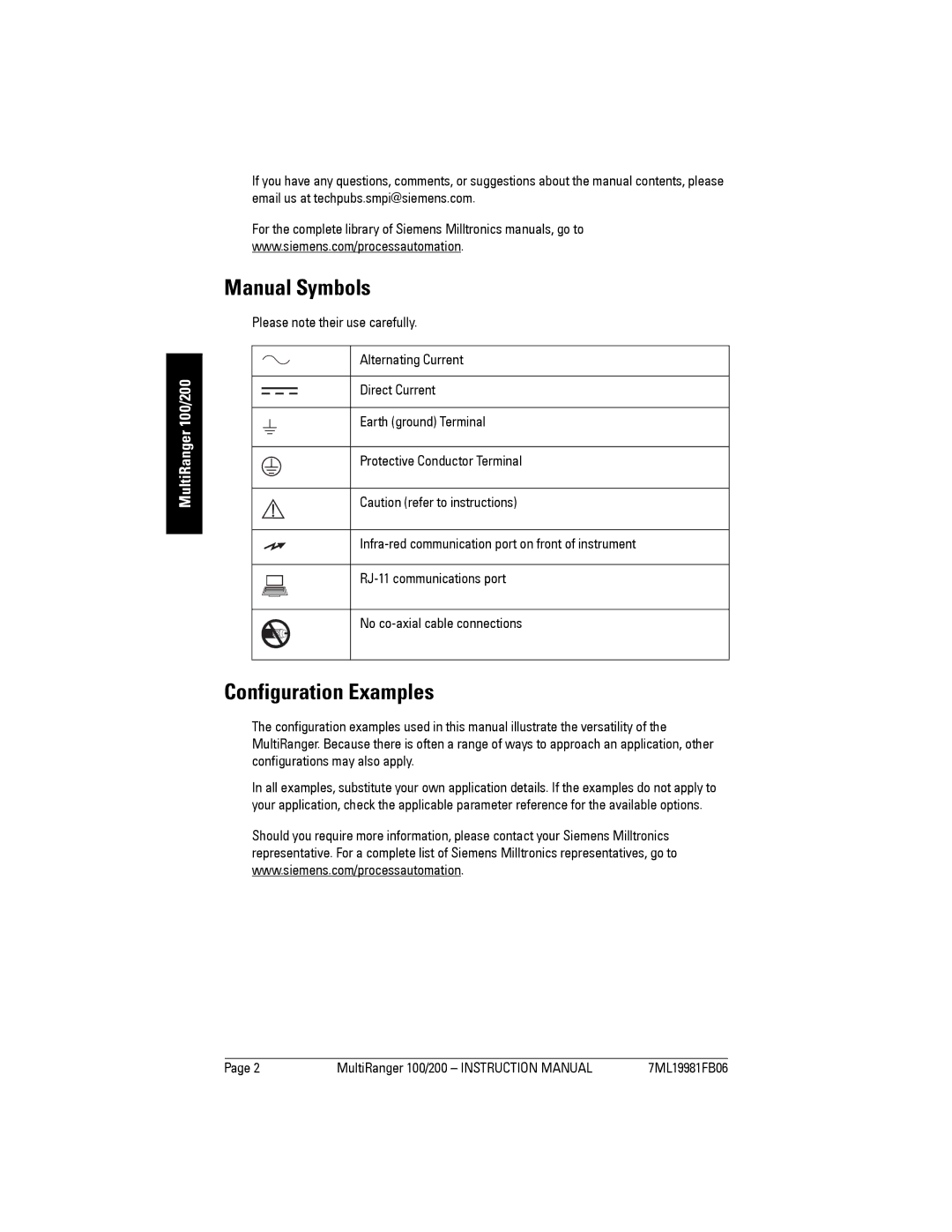 Siemens 200 instruction manual Manual Symbols, Configuration Examples 