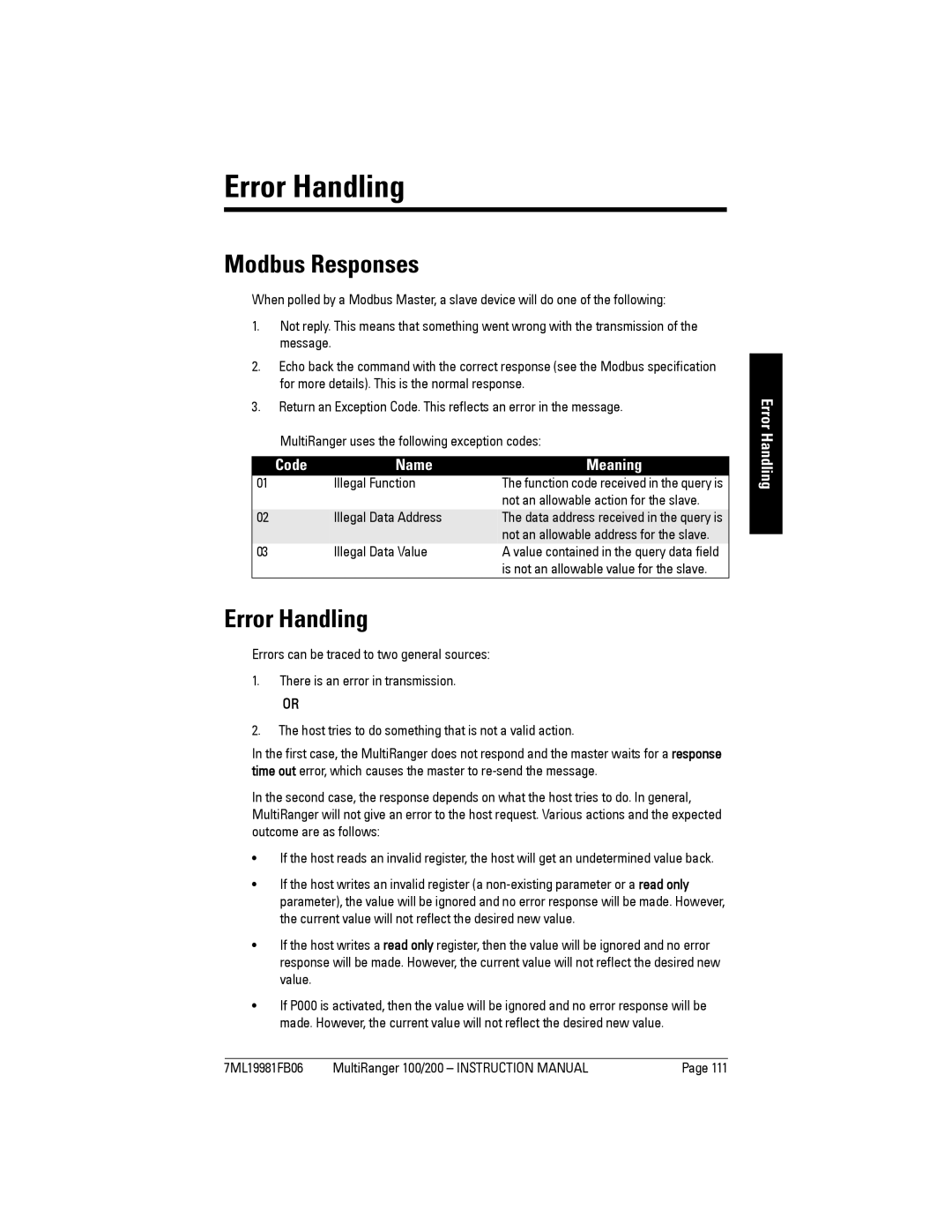 Siemens 200 instruction manual Error Handling, Modbus Responses, Code Name Meaning 