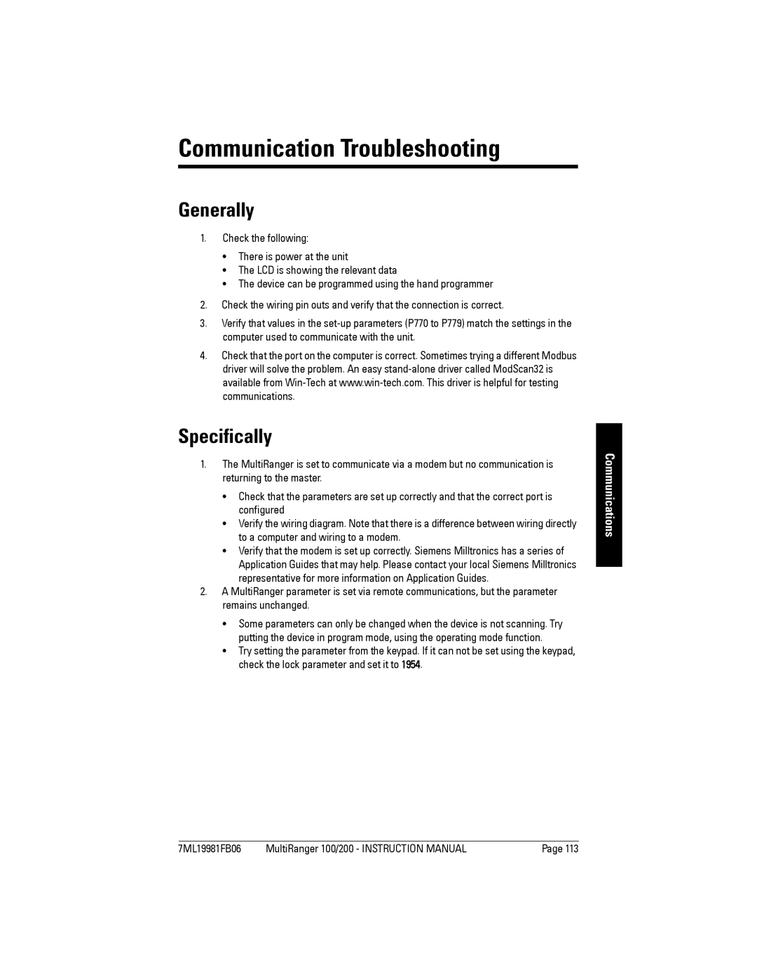 Siemens 200 instruction manual Communication Troubleshooting, Generally, Specifically 