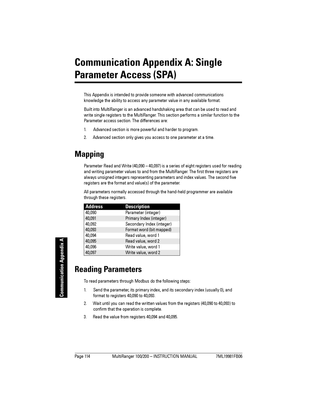 Siemens 200 Mapping, Reading Parameters, Communication Appendix a, Address Description, Format word bit mapped 