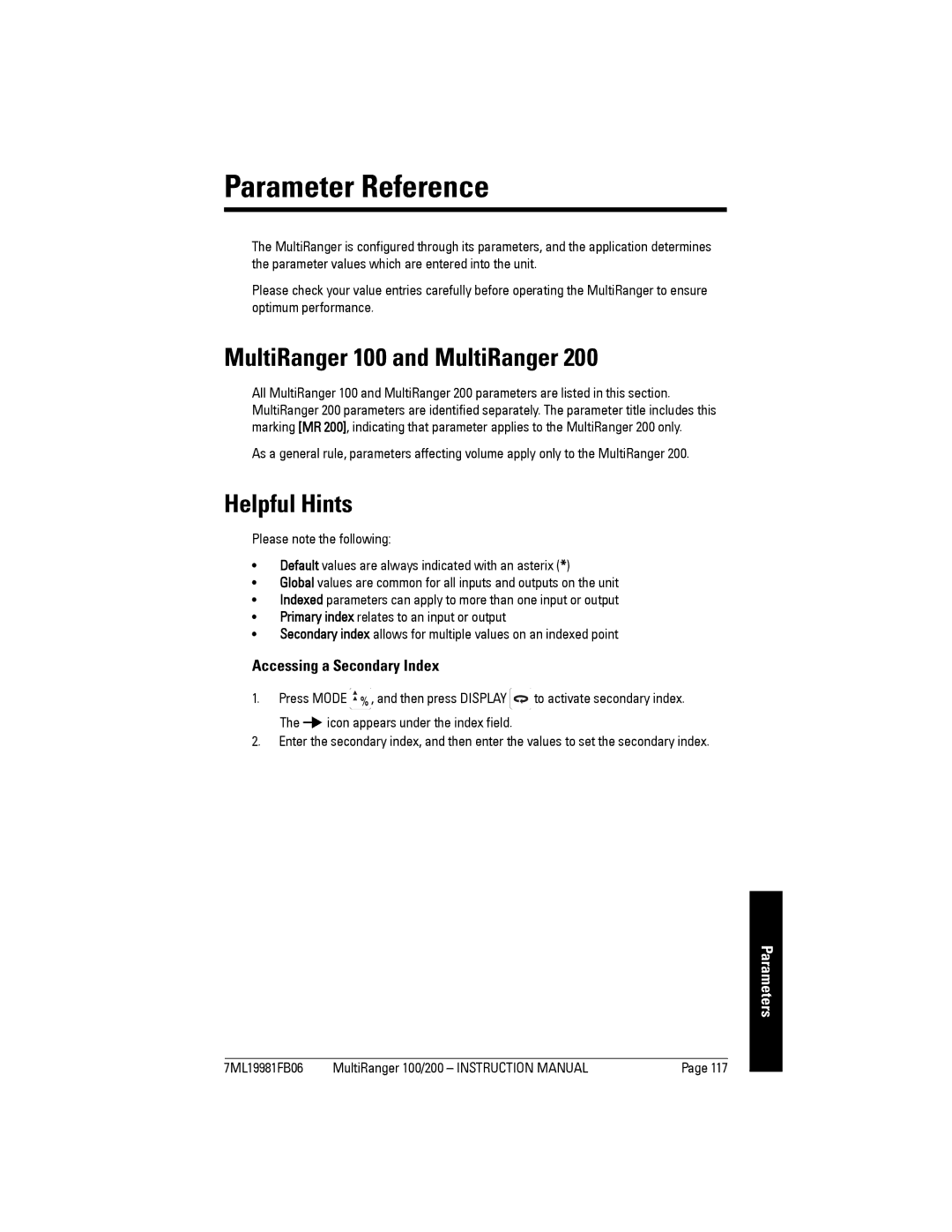 Siemens 200 instruction manual Parameter Reference, MultiRanger 100 and MultiRanger, Helpful Hints, Parameters 