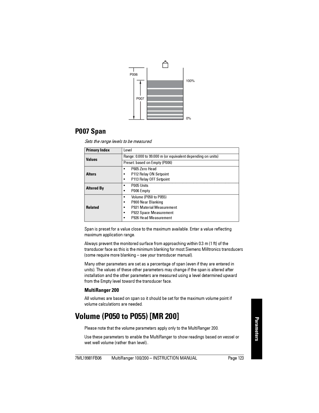 Siemens 200 instruction manual Volume P050 to P055 MR, P007 Span, Sets the range levels to be measured 