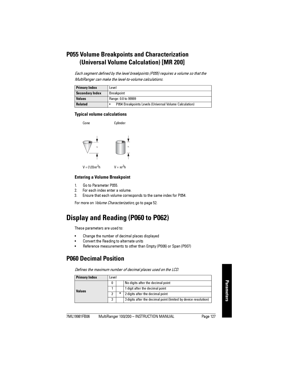 Siemens 200 instruction manual Display and Reading P060 to P062, P060 Decimal Position, Typical volume calculations 