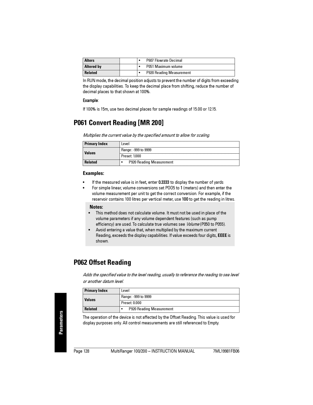 Siemens 200 instruction manual P061 Convert Reading MR, P062 Offset Reading, P607 Flowrate Decimal, Range -999 to 