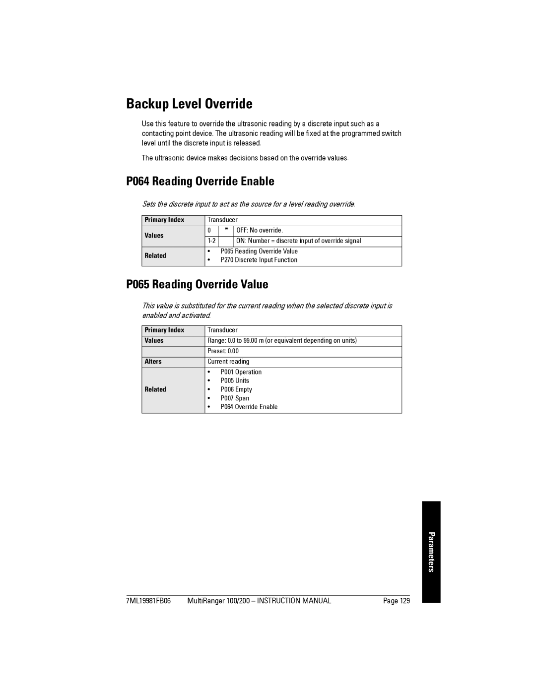 Siemens 200 instruction manual Backup Level Override, P064 Reading Override Enable, P065 Reading Override Value 