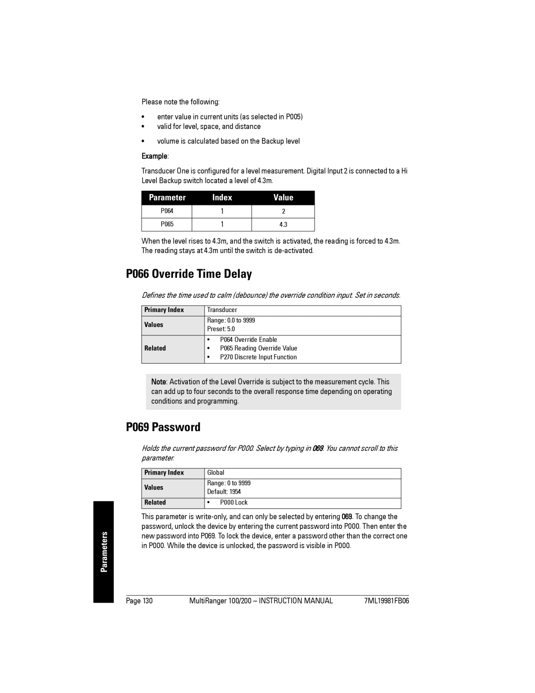 Siemens 200 instruction manual P066 Override Time Delay, P069 Password 