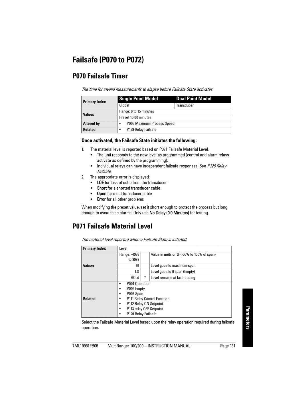 Siemens 200 instruction manual Failsafe P070 to P072, P070 Failsafe Timer, P071 Failsafe Material Level 