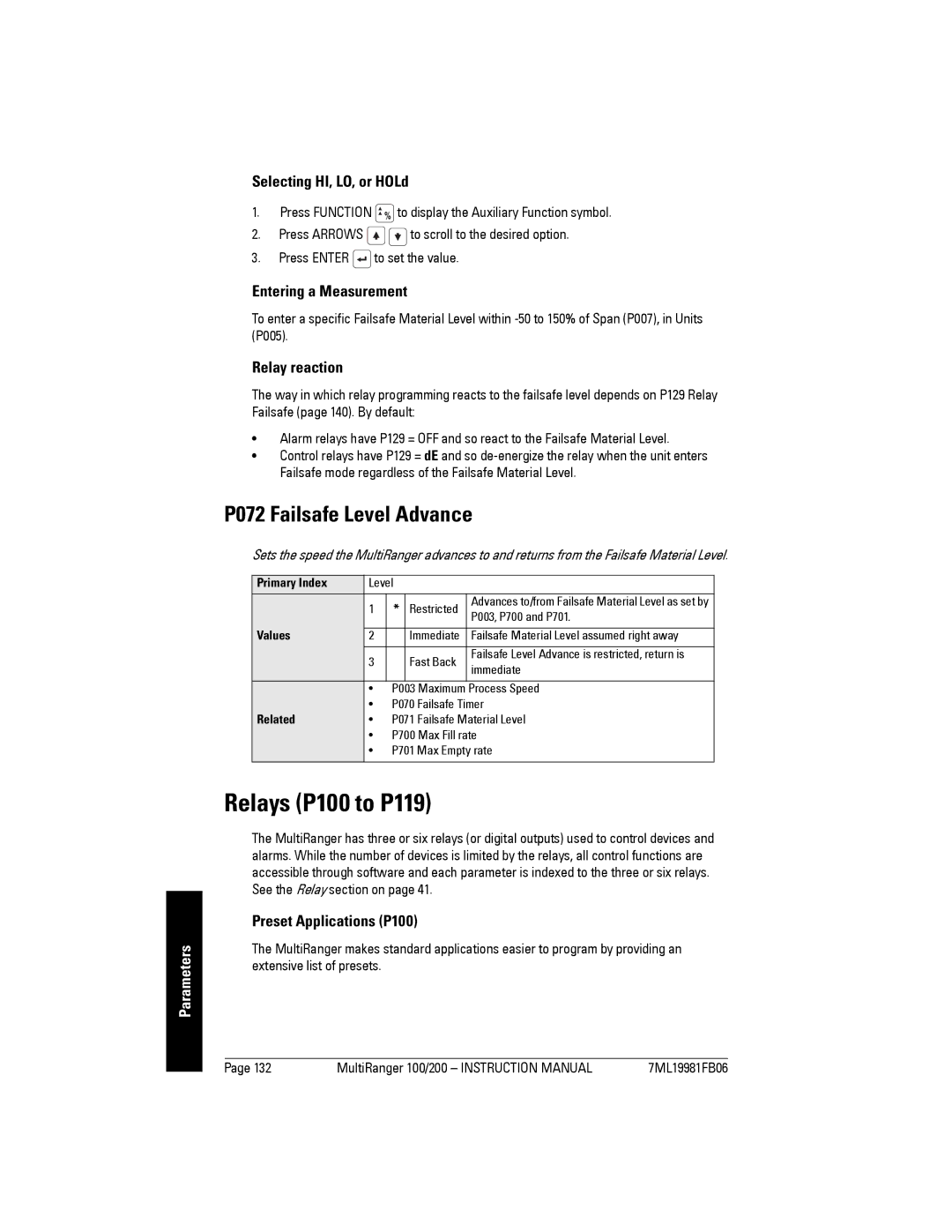 Siemens 200 instruction manual Relays P100 to P119, P072 Failsafe Level Advance 