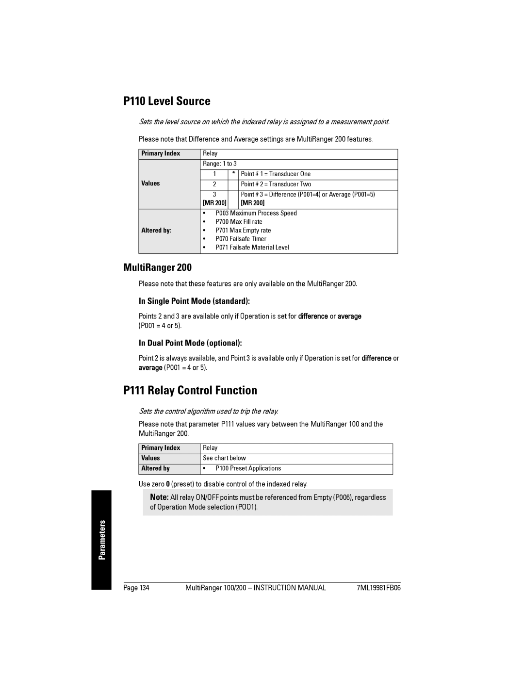 Siemens 200 instruction manual P110 Level Source, P111 Relay Control Function, MultiRanger, Single Point Mode standard 