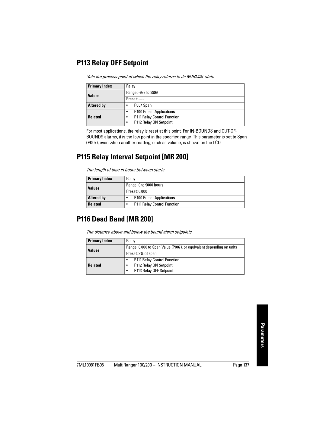 Siemens 200 instruction manual P113 Relay OFF Setpoint, P115 Relay Interval Setpoint MR, P116 Dead Band MR 