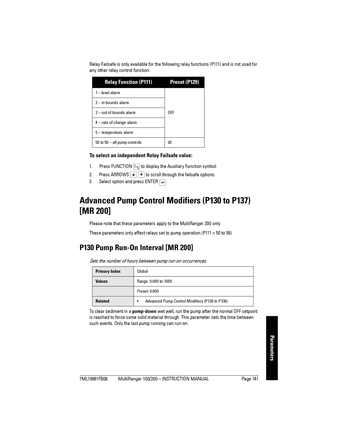 Siemens 200 Advanced Pump Control Modifiers P130 to P137 MR, P130 Pump Run-On Interval MR, Relay Function P111 Preset P129 