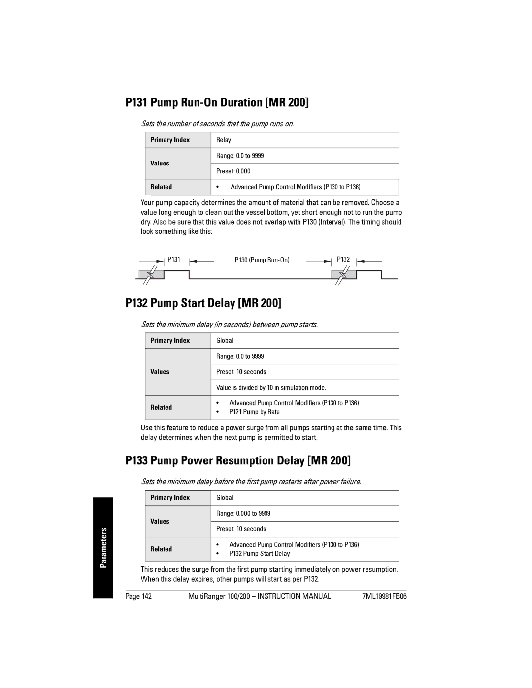 Siemens 200 instruction manual P131 Pump Run-On Duration MR, P132 Pump Start Delay MR, P133 Pump Power Resumption Delay MR 