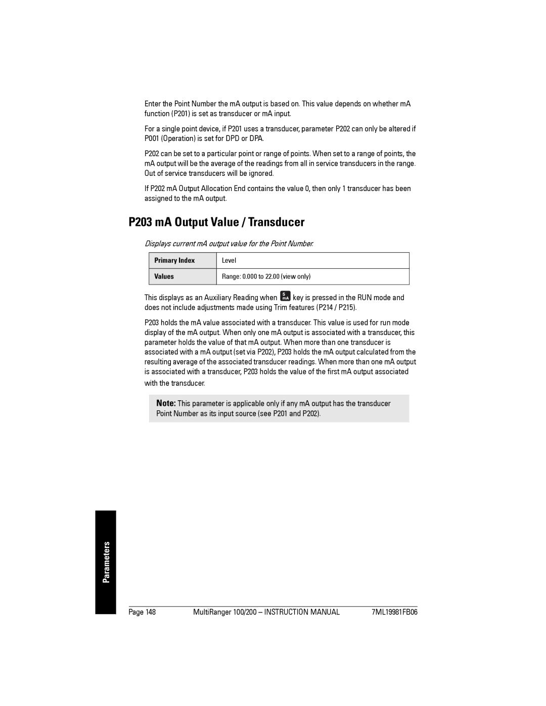 Siemens 200 instruction manual P203 mA Output Value / Transducer, Displays current mA output value for the Point Number 