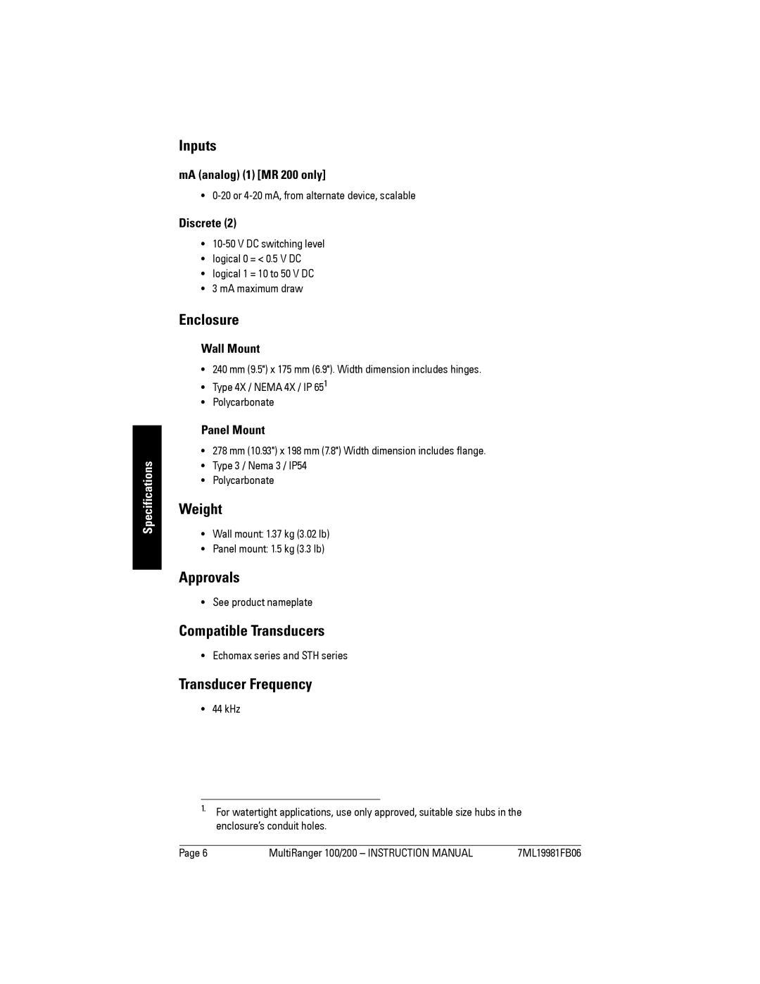 Siemens 200 instruction manual Inputs, Enclosure, Weight, Approvals, Compatible Transducers, Transducer Frequency 