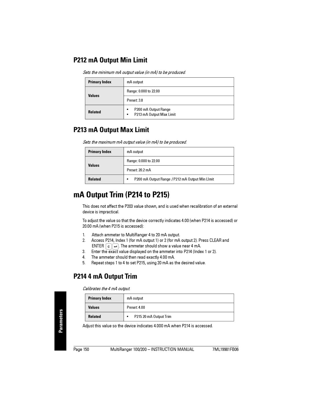 Siemens 200 MA Output Trim P214 to P215, P212 mA Output Min Limit, P213 mA Output Max Limit, P214 4 mA Output Trim 