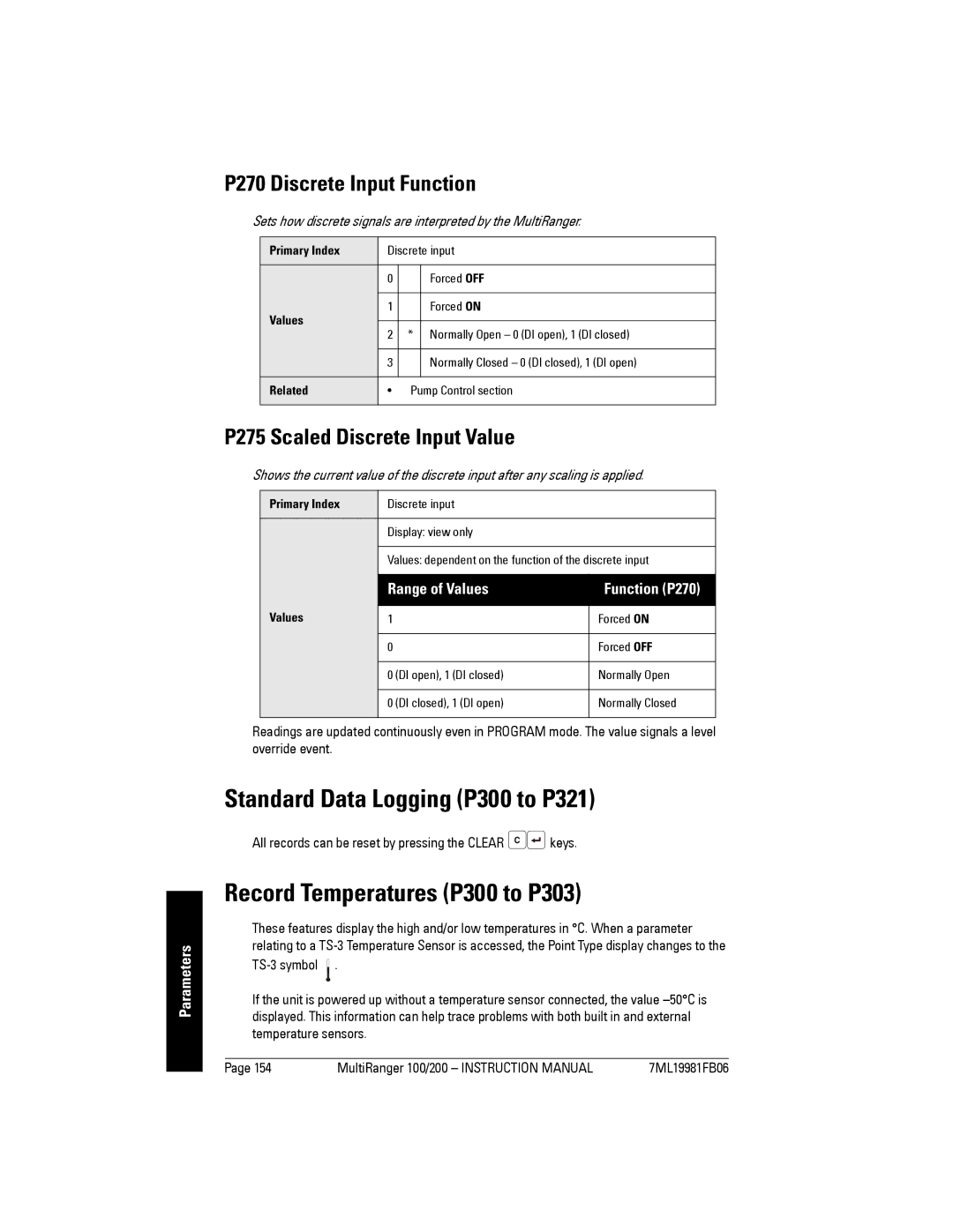 Siemens 200 Standard Data Logging P300 to P321, Record Temperatures P300 to P303, P270 Discrete Input Function 