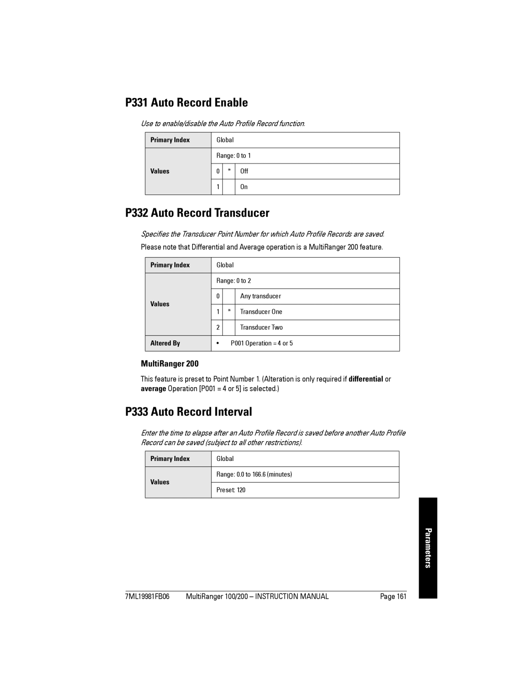 Siemens 200 instruction manual P331 Auto Record Enable, P332 Auto Record Transducer, P333 Auto Record Interval 