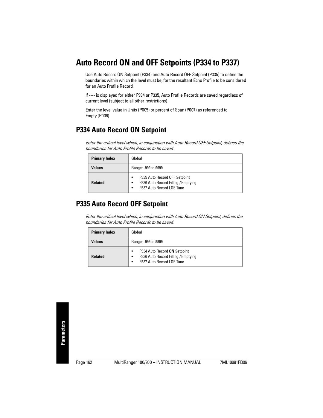 Siemens 200 Auto Record on and OFF Setpoints P334 to P337, P334 Auto Record on Setpoint, P335 Auto Record OFF Setpoint 