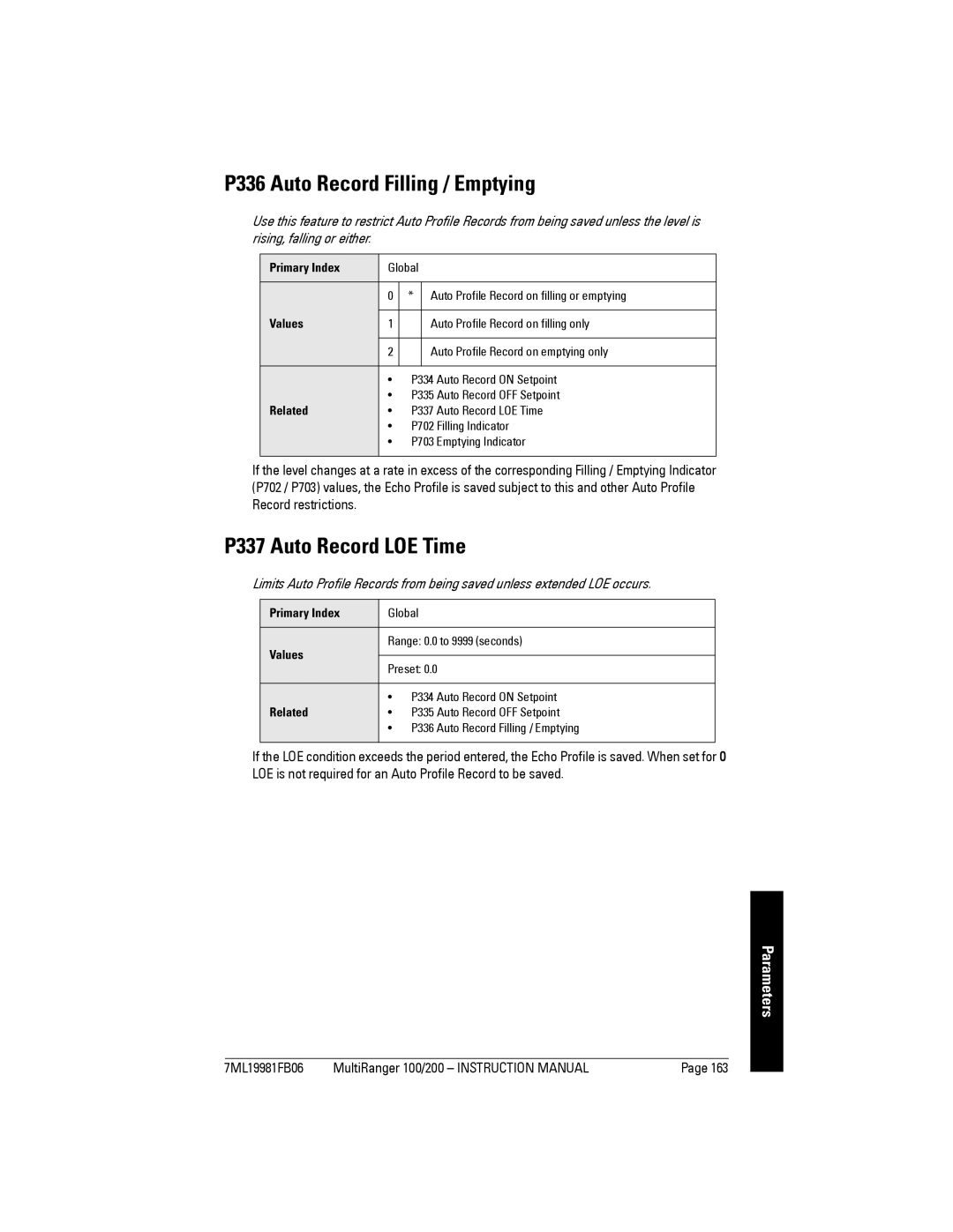 Siemens 200 instruction manual P336 Auto Record Filling / Emptying, P337 Auto Record LOE Time 