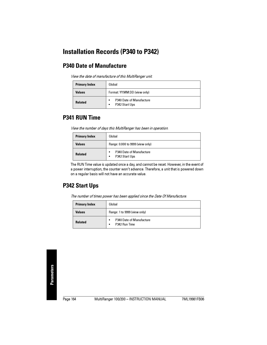 Siemens 200 instruction manual Installation Records P340 to P342, P340 Date of Manufacture, P341 RUN Time, P342 Start Ups 