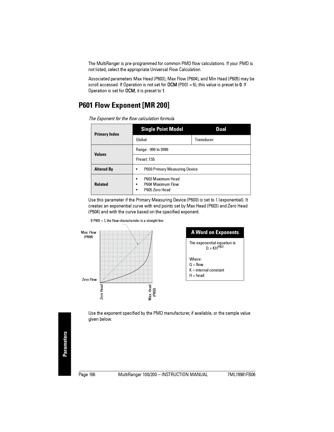 Siemens 200 instruction manual P601 Flow Exponent MR, Word on Exponents, Exponent for the flow calculation formula 