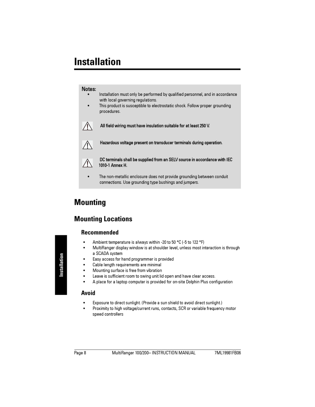 Siemens 200 instruction manual Installation, Mounting Locations, Recommended, Avoid 