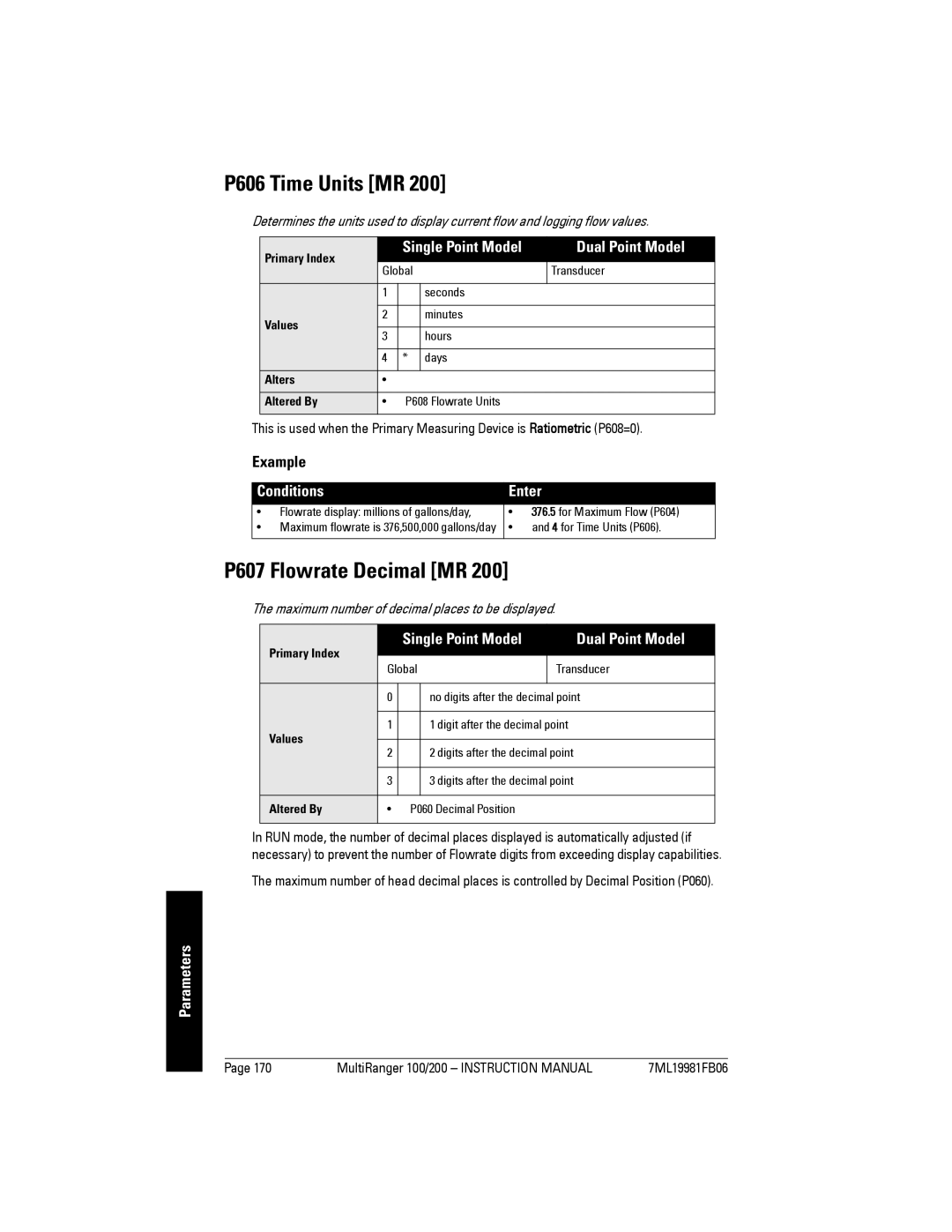 Siemens 200 P606 Time Units MR, P607 Flowrate Decimal MR, Maximum number of decimal places to be displayed 