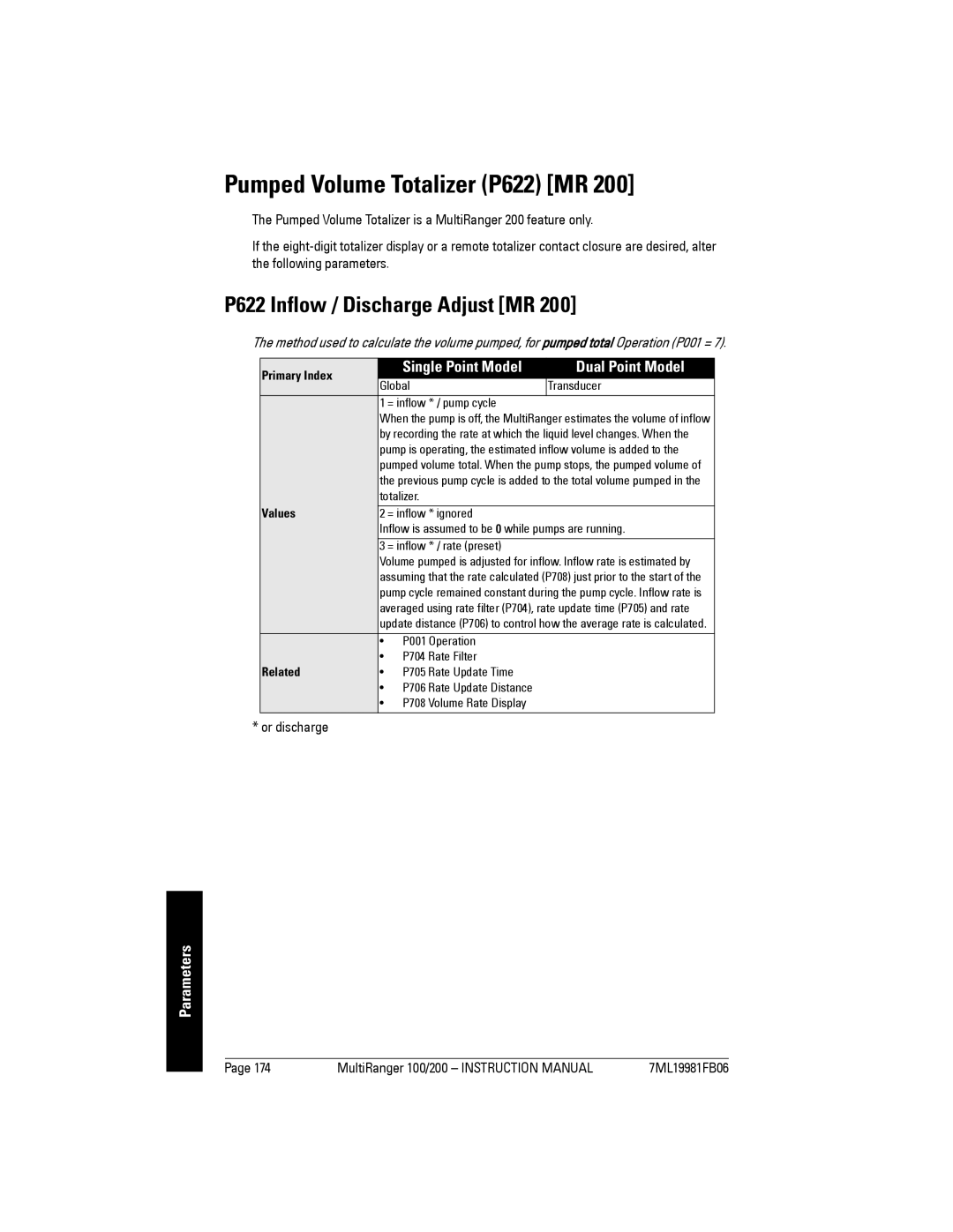 Siemens 200 instruction manual Pumped Volume Totalizer P622 MR, P622 Inflow / Discharge Adjust MR, Or discharge 