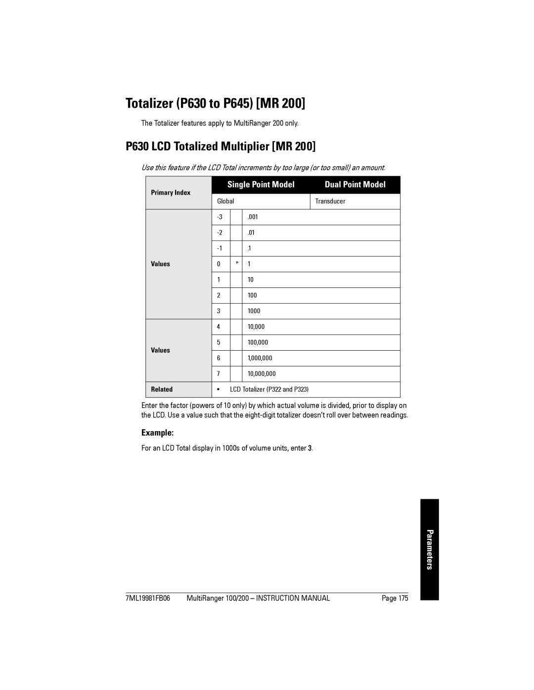 Siemens Totalizer P630 to P645 MR, P630 LCD Totalized Multiplier MR, Totalizer features apply to MultiRanger 200 only 