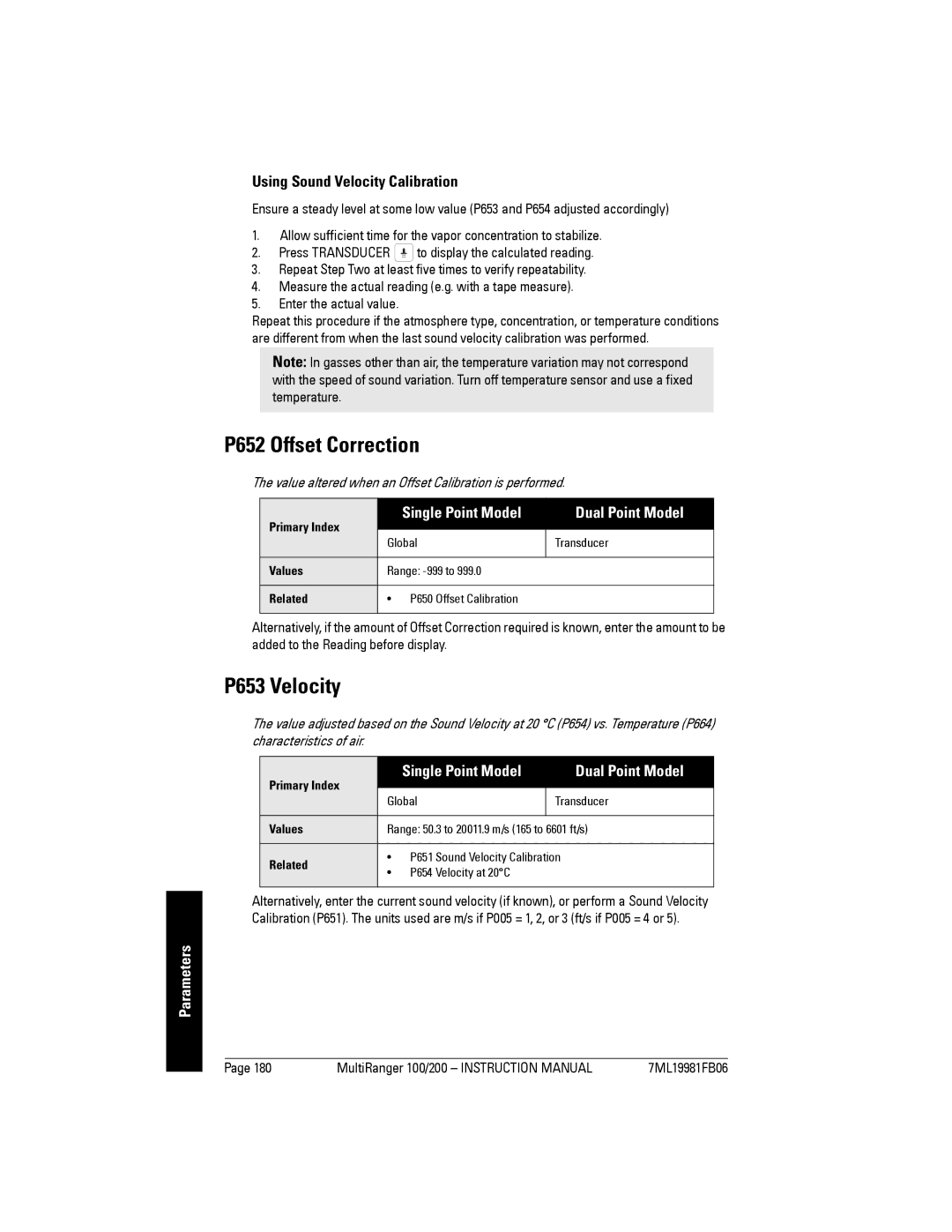 Siemens 200 instruction manual P652 Offset Correction, P653 Velocity, Using Sound Velocity Calibration 