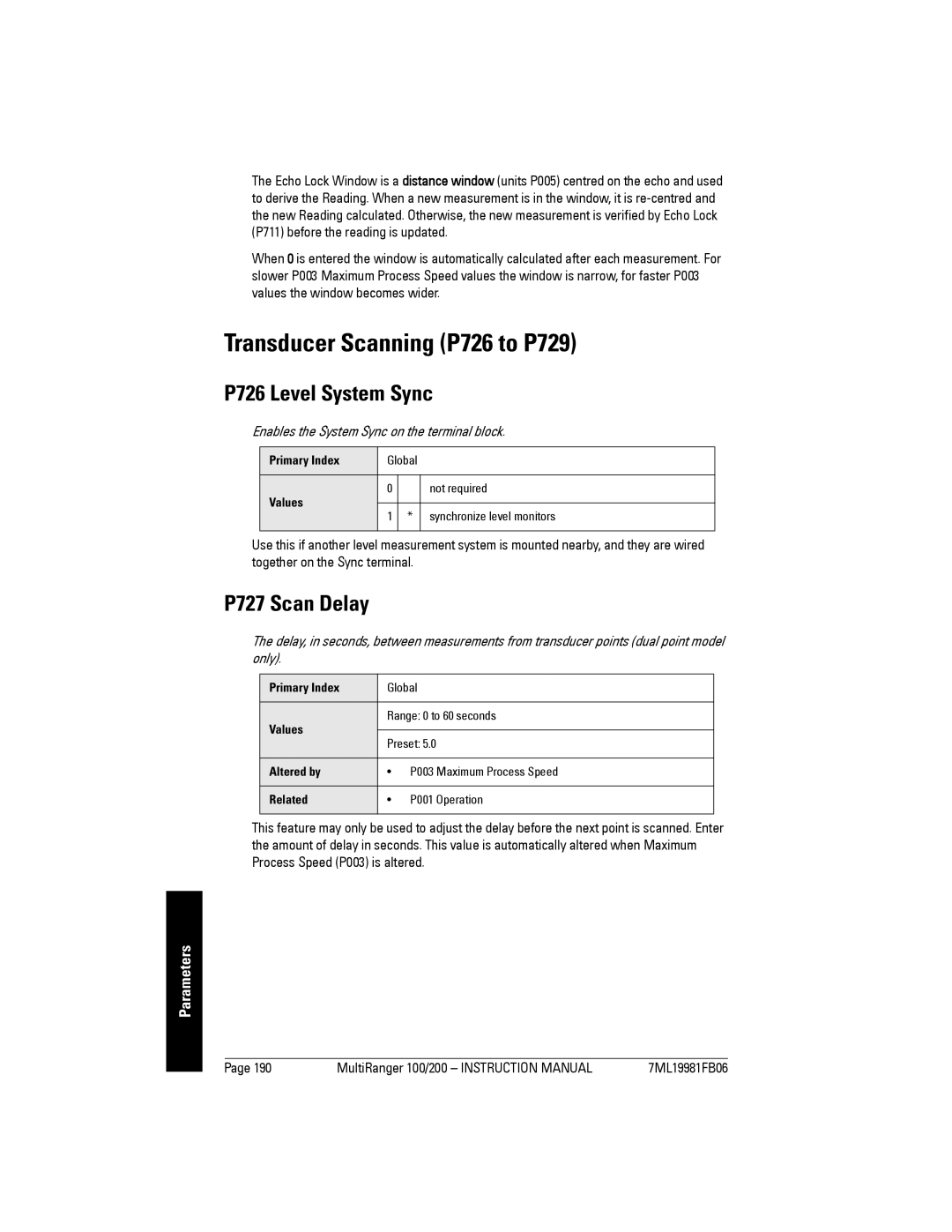 Siemens 200 instruction manual Transducer Scanning P726 to P729, P726 Level System Sync, P727 Scan Delay 