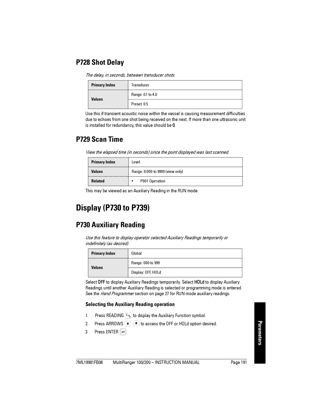 Siemens 200 instruction manual Display P730 to P739, P728 Shot Delay, P729 Scan Time, P730 Auxiliary Reading 