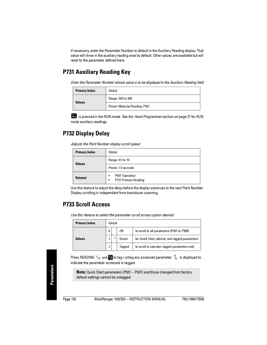 Siemens 200 instruction manual P731 Auxiliary Reading Key, P732 Display Delay, P733 Scroll Access 